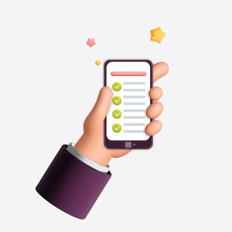 Wektor 3d ręka wektor trzymająca smartfon z ilustracją projektu aplikacji mobilnej z listą kontrolną