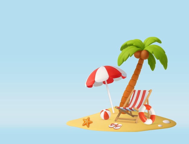 3d Relaksująca tropikalna plaża z krzesłem i palmą