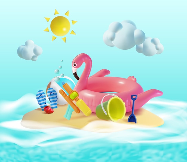 3d Summer Travel and Tourism Concept Wektor w stylu kreskówki