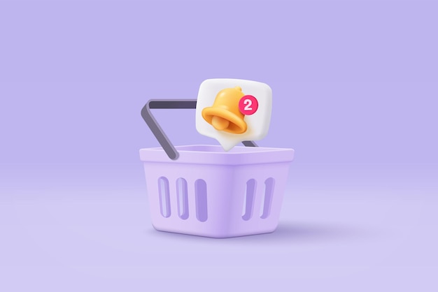 3d torba na zakupy z ikoną dzwonka i koncepcja online powiadomienia push bańka Alarm koszyka na promocję rabatową Torba na zakupy do kupna i sprzedaży 3d dzwonek alarmowy ikona wektor renderuje ilustrację