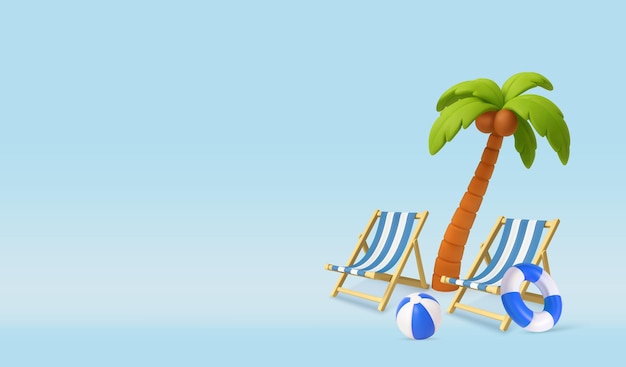 3D Tropical Beach Scene z niebieskimi krzesłami i palmami
