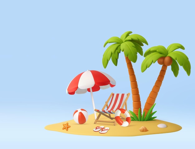 3D tropikalna scena wakacyjna z czerwonym parasolem