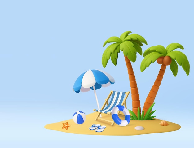 3D tropikalna scena wakacyjna z niebieskim parasolem