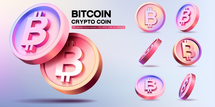 Wektor 3d wektor bitcoin btc monety kryptowalutowe ustaw ilustrację perspektywy o monetach kryptowalutowych