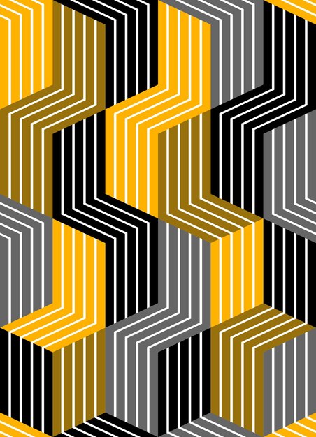 3D wymiarowe kostki bez szwu wzór, geometryczne niekończące się tekstury z liniami i polami, motyw architektury, czarno-żółty obraz tła grafiki.