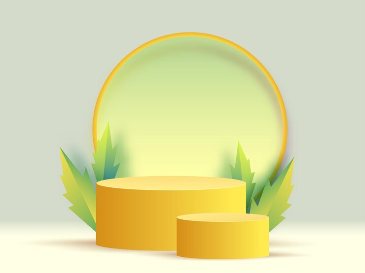 3d żółte podium produktu z zielonym liściem wyciętym z papieru w tle gradientowym