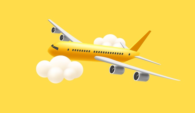 3d żółty Błyszczący Komercyjny Samolot Odrzutowy W Chmurach Renderowania Ilustracja Kreskówka