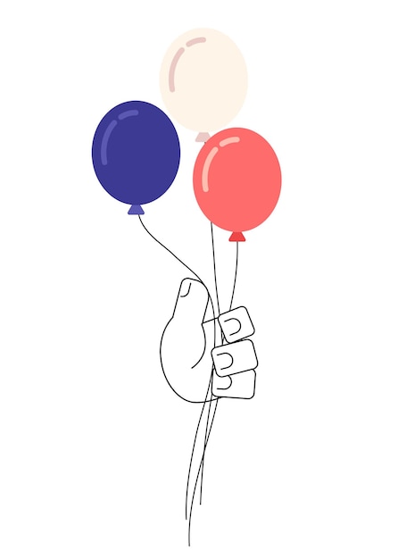 Plik wektorowy 4 lipca balony trzymające monochromatyczne płaskie wektor ręka americana czerwone białe i niebieskie kolory szczęśliwa niezależność edytowalny klipart linii na białym prosty bw kreskówka miejscu obraz do projektowania graficznego stron internetowych