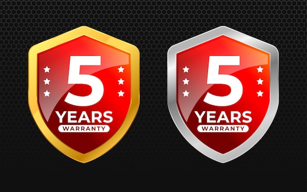 Plik wektorowy 5 lat gwarancji z błyszczącym złotym i srebrnym kształtem tarczy wektorowej dla logo ikony pieczęci etykiety
