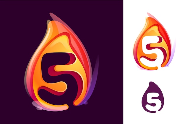 5 Logo Numer Pięć W Płomieniu Ognia Negatywna Przestrzeń 3d Realistyczna Ikona Wibrujący Początkowy Styl Akwareli