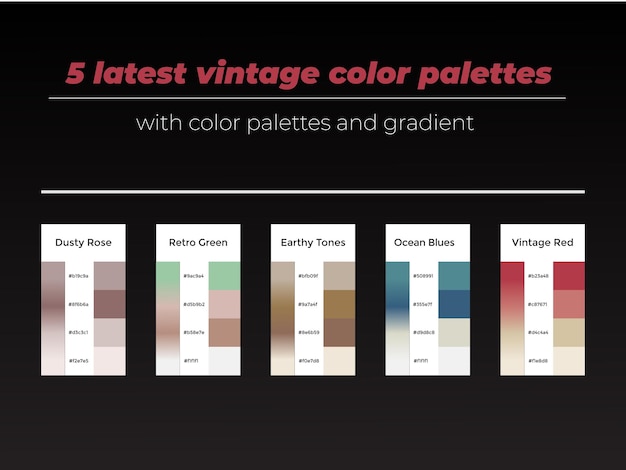 Plik wektorowy 5 najnowszych palet kolorów vintage z kolorem i gradientem izolowanym na czarnym tle