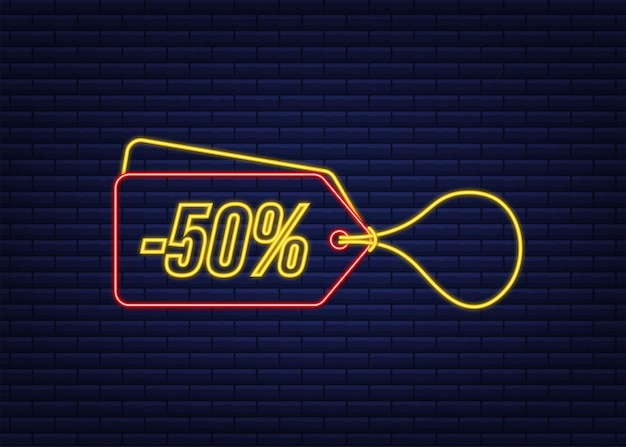 50 procent OFF Wyprzedaż Rabat neonowy tag Rabatowa oferta cenowa