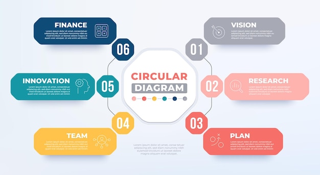 Plik wektorowy 6-krokowy kołowy szablon diagramu okólnik biznesowy infografika z ikoną