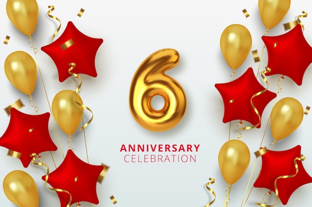 Plik wektorowy 6 obchody rocznicy numer w postaci gwiazdy złotych i czerwonych balonów. realistyczne 3d złote cyfry i musujące konfetti, serpentyna.