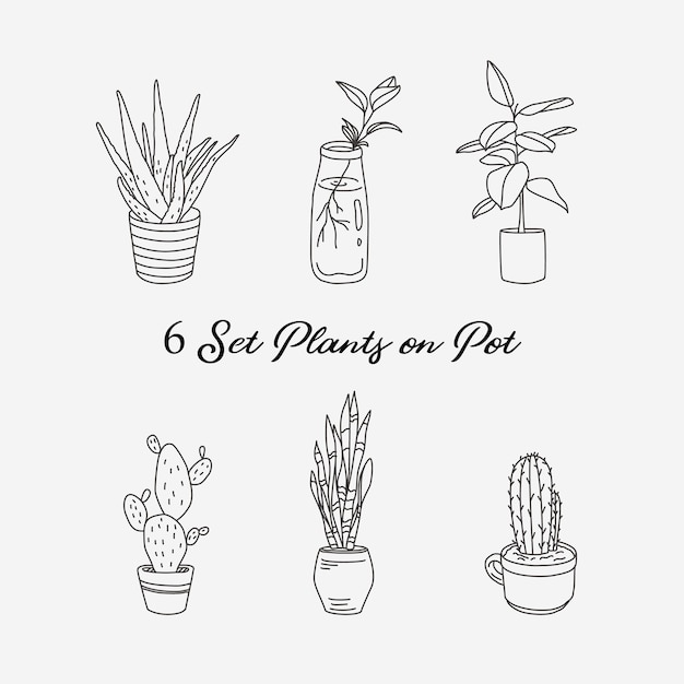 Plik wektorowy 6 ustaw rośliny na ilustracji linii pot