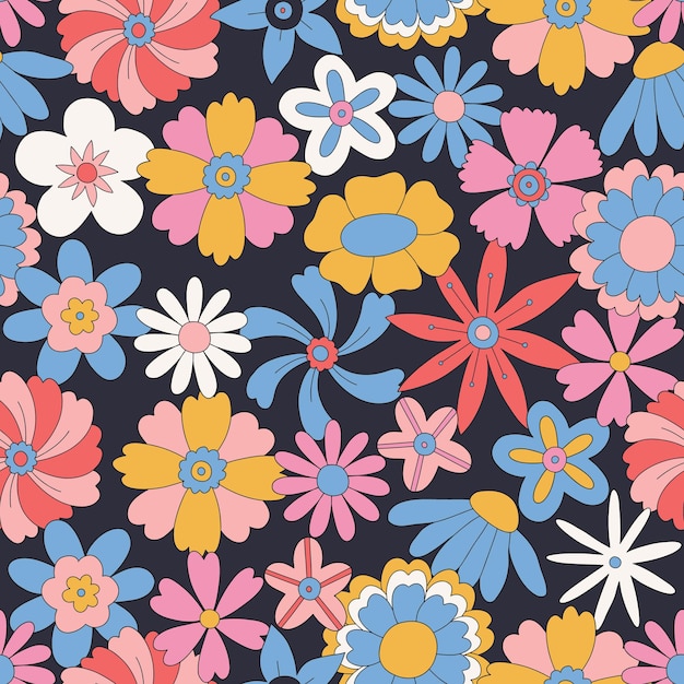 70s 60s Styl Retro Deseń Z Kolorowymi Kwiatami Floral Retro Zabytkowe Tła Groove Flower