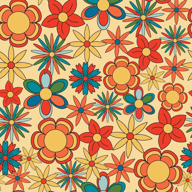 70s bezszwowe wektor wzór z rocznika groovy kwiaty psychodeliczny kwiatowy tło