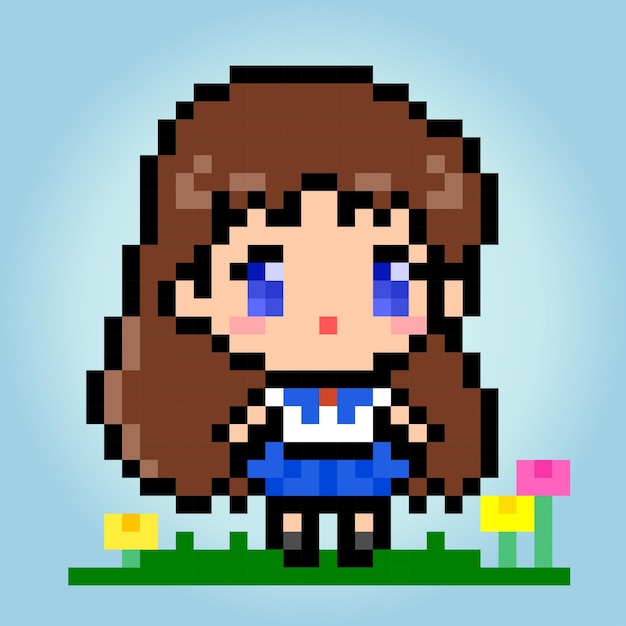 8-bitowa pikselowa postać kobiety Pixel School girl na ilustracjach wektorowych do wzorów haftu krzyżykowego