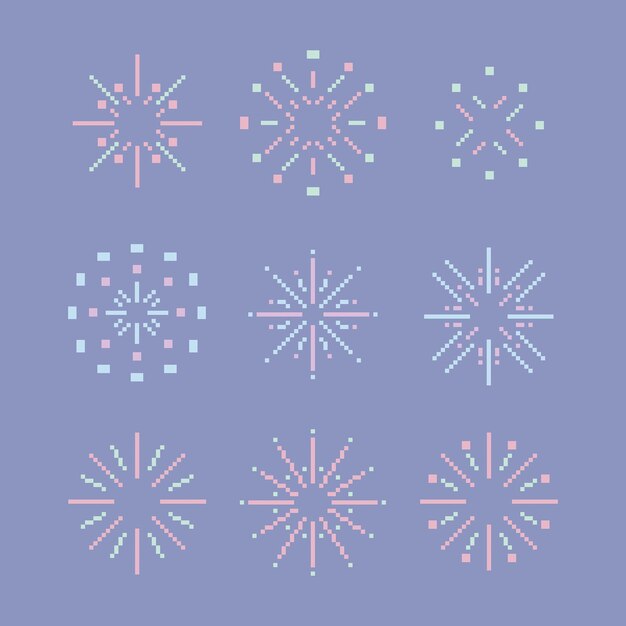 8-bitowy pastelowy prosty płaskie linie kolekcja fajerwerków Minimalna urocza ilustracja odizolowana