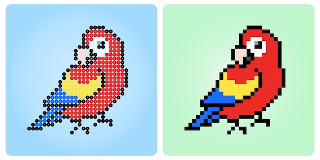 8-bitowy piksel papug. Zwierzę w ilustracji wektorowych do gier aktywów i wzór koralików