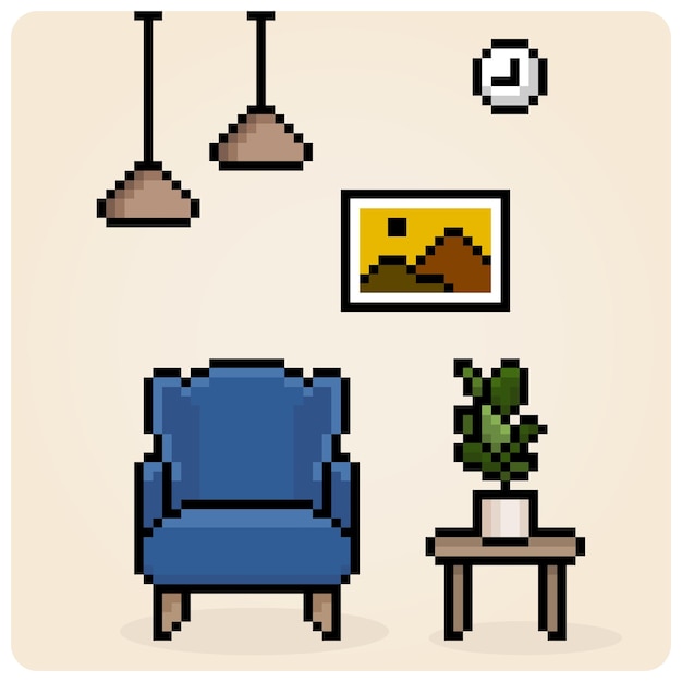 Plik wektorowy 8-bitowy piksel wnętrza salonu w ilustracji wektorowych. nowoczesna dekoracja w minimalistycznym stylu