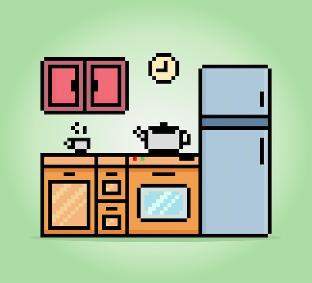8-bitowy pikselowy zestaw kuchenny lodówka stołowa i czajniczek do kawy w ilustracjach wektorowych do zasobów gier