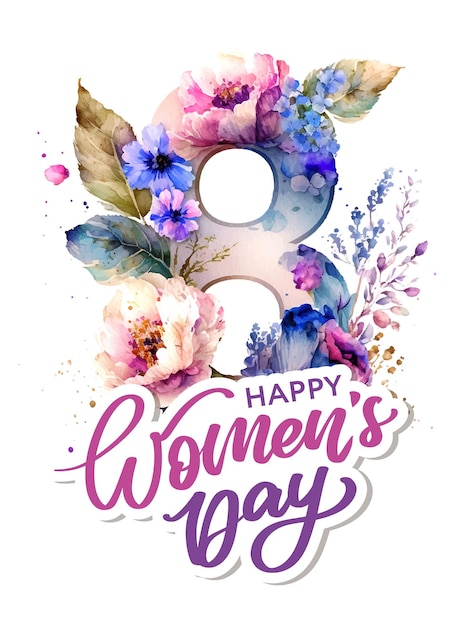8 Marca Szczęśliwy Dzień Kobiet Kartkę Z życzeniami Akwarela Kwiaty Napis Kartkę Z życzeniami Ilustracji Wektorowych