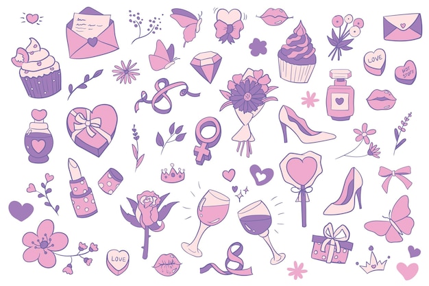8 marca, zestaw ilustracji wektorowych o tematyce międzynarodowego dnia kobiet, kolekcja ręcznie rysowanego elementu