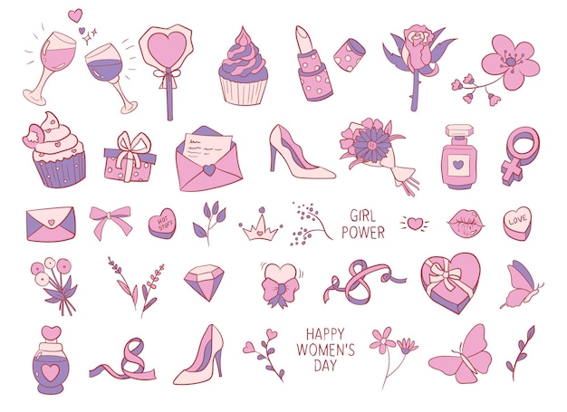 8 marca, zestaw ilustracji wektorowych o tematyce międzynarodowego dnia kobiet, kolekcja ręcznie rysowanego elementu