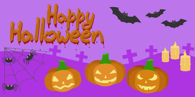 85x9 Banner Halloween Zaproszenie Na Imprezę Dynie Pajęczyny Nietoperze świece Groby Ilustracja Kreskówka Wektor