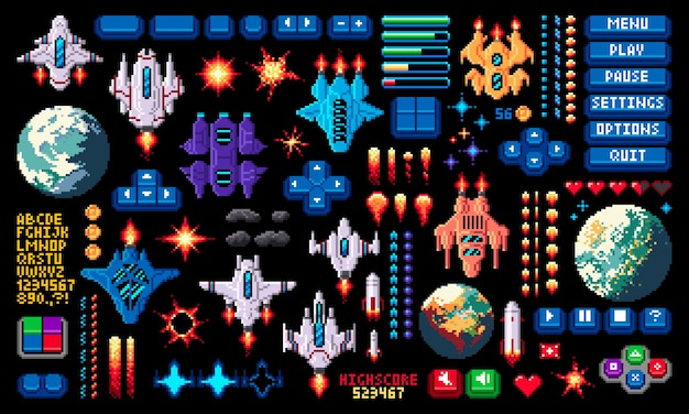 8bit Arcade Space Pixel Game Asset Invaders Zestaw