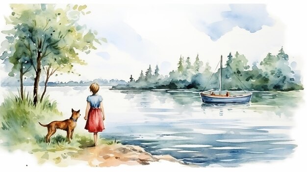 Plik wektorowy 9-letnia dziewczynka w niebieskiej sukience i bułce na głowie stoi na brzegu rzeki