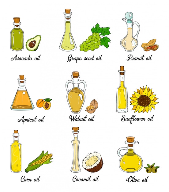 Plik wektorowy 9 olejów kuchennych w uroczych, szkicowych butelkach