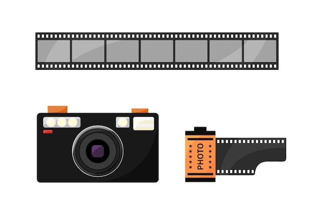Plik wektorowy 90s aparat fotograficzny rolka i taśma filmowa na białym tle retro aparat fotografa zestaw sprzętu fotograficznego z lat 80. i 90. płaska ilustracja wektorowa