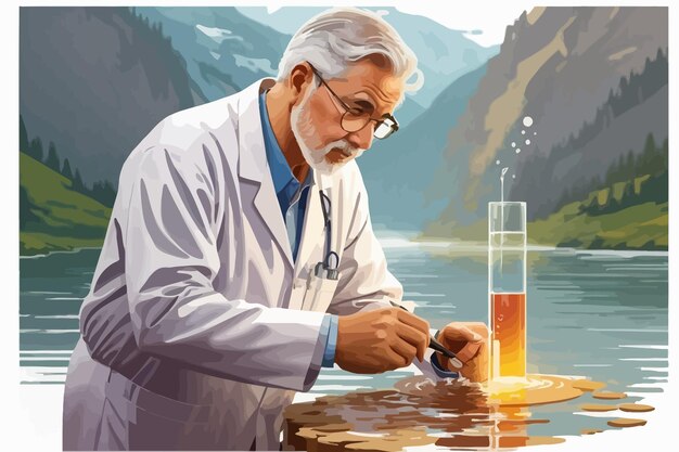 Plik wektorowy a 65 year old man scientist is sampling the stagnant water for bacteria illustration