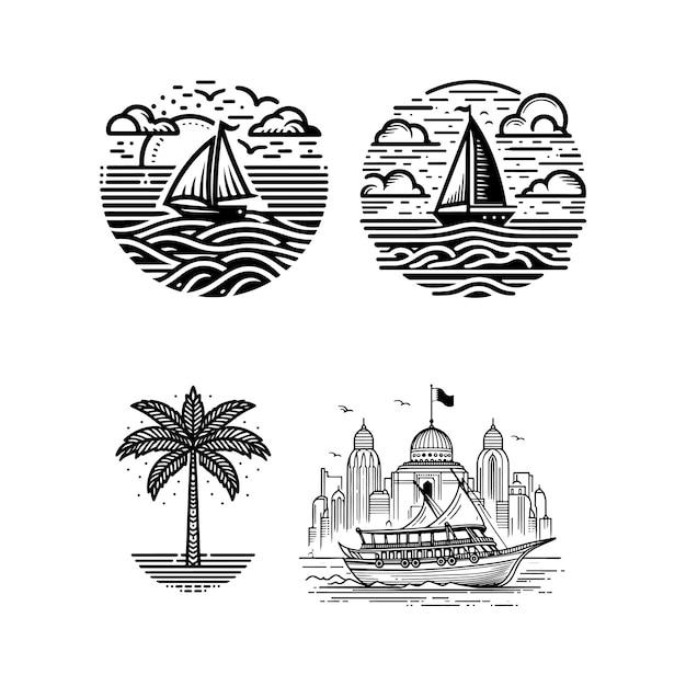 Plik wektorowy a black and white drawing of a sailboat and a palm tree