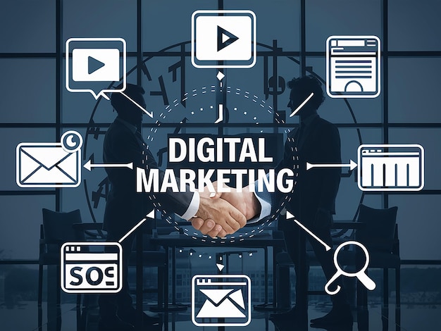 Plik wektorowy a blue poster with the words digital marketing on it