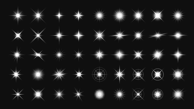 A collection of 40 white starburst light effects on a black background Starburst patterns vary in size and shape creating a dynamic and luminous effect Overlay effect vector element set