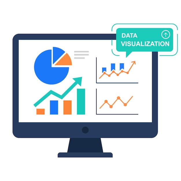 A computer monitor displaying various data charts and graphs representing data visualization and comprehensive reporting