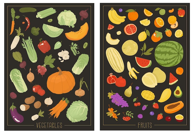 A Dwa Pionowe Plakaty Formatu A3 Z Wizerunkiem Warzyw I Owoców W Stylu Vintage Projekt Dla Rynku Rolników Produkcja Produktów Ekologicznych Ilustracja Wektorowa