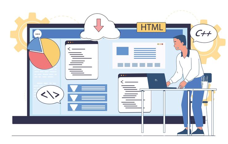 Wektor a programmer is coding at a desk with a large screen showing charts html and code elements in a flat