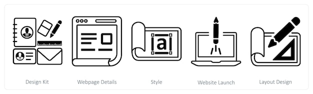 A set of 5 mix icons as design kit webpage details style