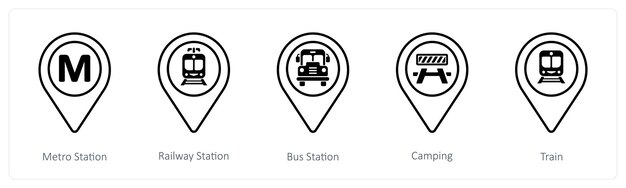 A set of 5 mix icons as metro station railway station bus station