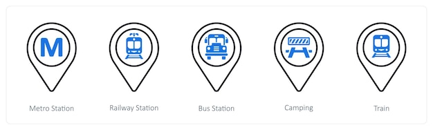 A set of 5 mix icons as metro station railway station bus station
