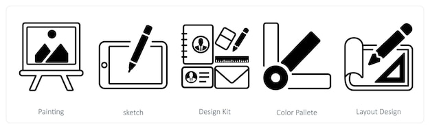 A set of 5 mix icons as painting sketch design kit