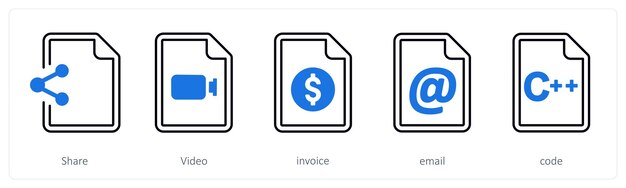 A set of 5 mix icons as share video invoice