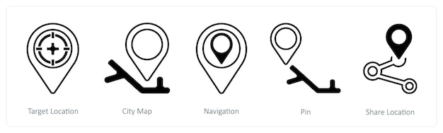 A set of 5 mix icons as target location city map navigation