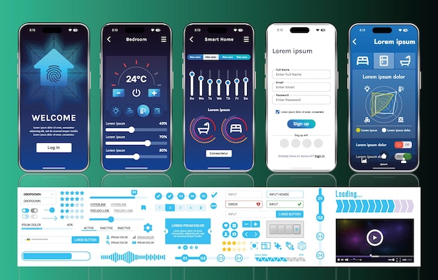 A set of UI UX elements for smart home management mobile apps an interface with buttons panels graphs and navigation for monitoring and controlling automation systems