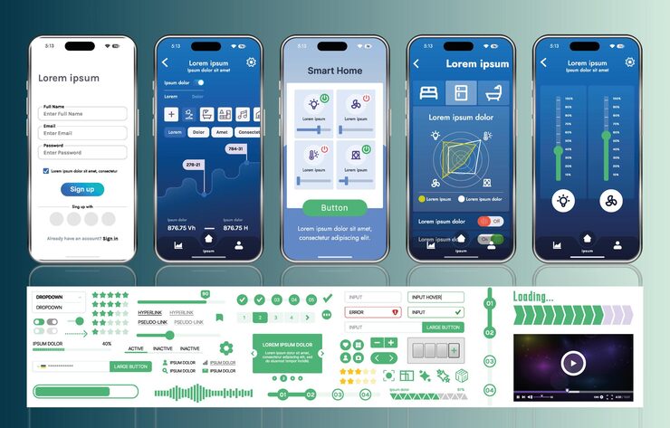 Wektor a set of ui ux elements for smart home management mobile apps an interface with buttons panels graphs and navigation for monitoring and controlling automation systems