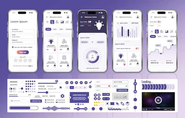 A set of UI UX elements for smart home management mobile apps an interface with buttons panels graphs and navigation for monitoring and controlling automation systems